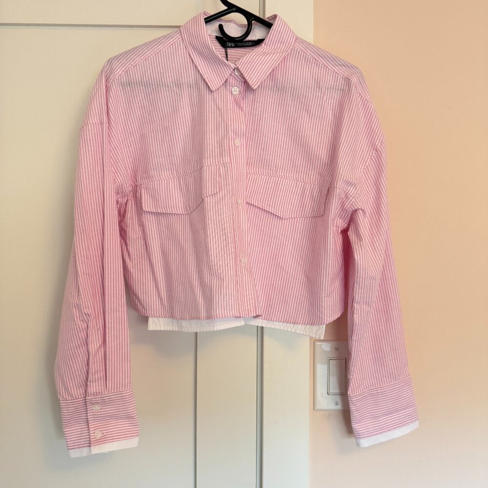 NWT Zara Cropped Shirt Pink White Striped Size M Cotton Relaxed Fit